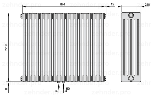 Схема (чертеж) Радиатор Zehnder Charleston 6220/19 №3470 Белый глянцевый RAL 9016